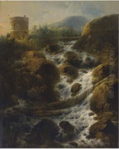 A Mountainous Landscape With A Roman Tower By A Stream by Jacob Van Ruisdael