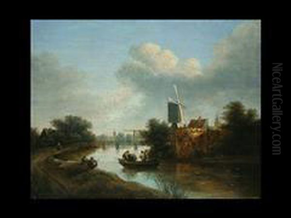 Landschaftliche Wiedergabe Im 
Spatlicht Auf Dem Bogig In Die Tiefeverlaufenden Kanal Ein Fischerboot 
Mit Zwei Fischern - view 1