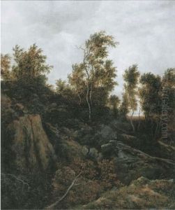 A Wooded Landscape With Sportsmen On A Wooded Track by Jacob Van Ruisdael