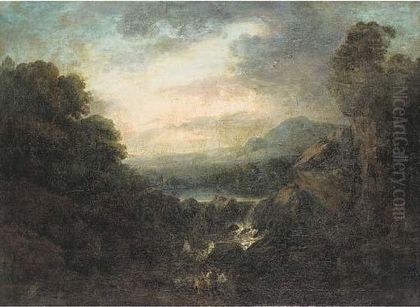 An Extensive Mountainous Landscape With Anglers By Awaterfall - view 1