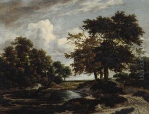 A Landscape With Peasants On A Track By A Wooded Pond by Jacob Van Ruisdael