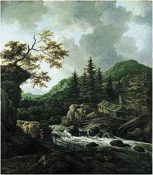 A Torrent In A Scandinavian 
Wooded Landscape With A Peasant Crossing A Wooden Bridge And Cottages On
 The Far Bank Of The River - view 1