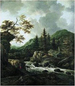 A Torrent In A Scandinavian
Wooded Landscape With A Peasant Crossing A Wooden Bridge And Cottages On
The Far Bank Of The River by Jacob Van Ruisdael