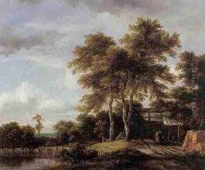 A Wooded Landscape With Figures Outside The Gates Of A Woodyard