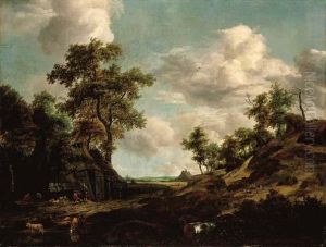 An Extensive Wooded Landscape With A Shepherd And His Flock By An Old Barn by Jacob Van Ruisdael