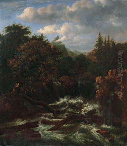 A Traveller On A Rock By A Waterfall In A Wooded Landscape - view 1