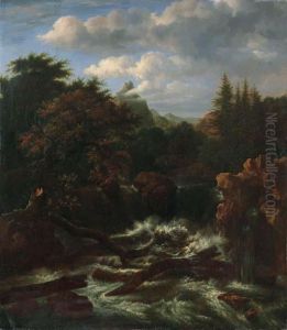 A Traveller On A Rock By A Waterfall In A Wooded Landscape by Jacob Van Ruisdael