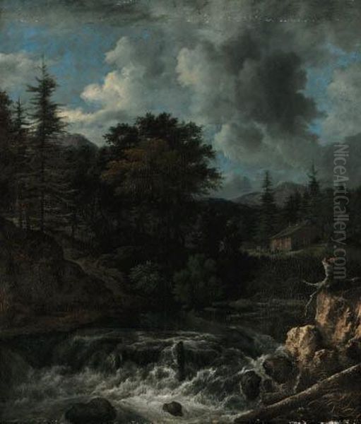 A Torrent In A Scandinavian Wooded Landscape, A Cottagebeyond - view 1