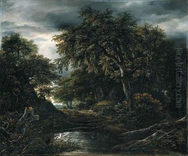 A Wooded Landscape In Stormy Weather With A Pool, A Peasant And Adog On A Track - view 1