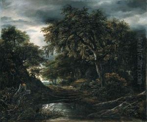 A Wooded Landscape In Stormy Weather With A Pool, A Peasant And Adog On A Track by Jacob Van Ruisdael