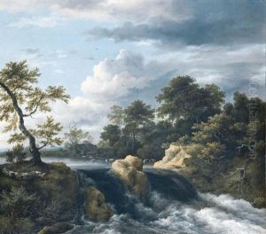 A River Landscape With A Waterfall, A Rustic Cottage Beyond