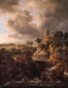 A Waterfall In A Mountainous Landscape, A Church On A Cliffbeyond by Jacob Van Ruisdael