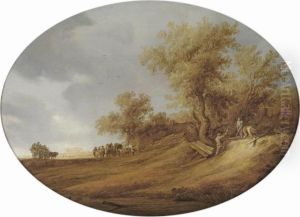 A Dune Landscape With Travellers On A Path And Three Men Mending A Fence
