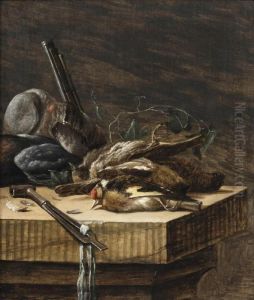 A Still Life Of Game Birds And Hunting Paraphernalia On A Stone Ledge by Salomon van Ruysdael