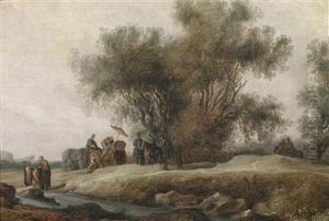 Wooded River Landscape With The Baptism Of The Moorish Chamberlain by Salomon van Ruysdael