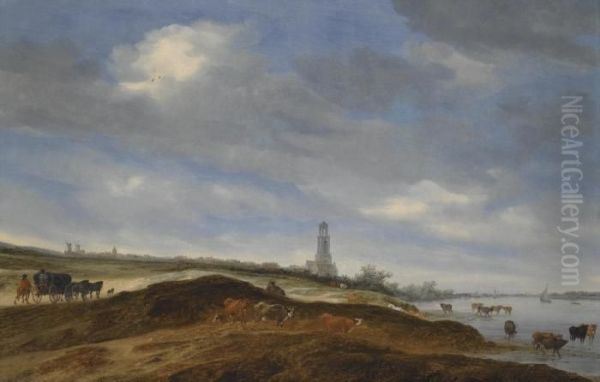 A Panoramic View Of Rhenen From
The Banks Of The Rhine To The West Of The City, With The Church Of St.
Cunera In The Distance, And A Horse-drawn Wagon And Cattle In The
Foreground - view 1