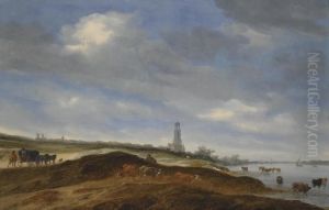 A Panoramic View Of Rhenen From
The Banks Of The Rhine To The West Of The City, With The Church Of St.
Cunera In The Distance, And A Horse-drawn Wagon And Cattle In The
Foreground by Salomon van Ruysdael