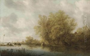 A River Landscape With Sportsmen Duck Shooting From A Boat by Salomon van Ruysdael