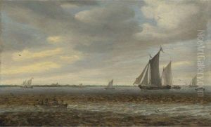 Sailboats And A Rowboat In Coastal Waters by Salomon van Ruysdael