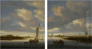 A River Landscape With A Sailing
 Boat Heading Seaward, A Large Church On The Bank To Its Left by Salomon van Ruysdael