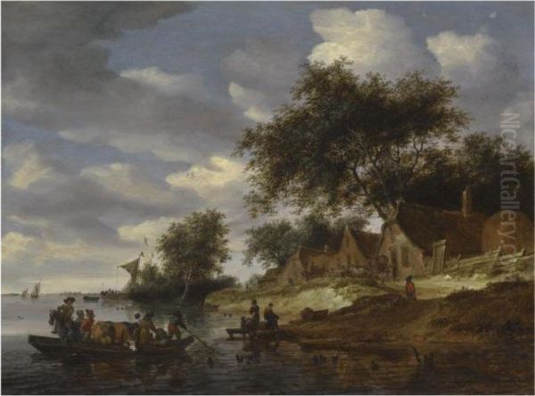 A River Landscape With Figures 
Crossing To The Shore On A Cattle Ferry, With Washerwomen On The Bank - view 1