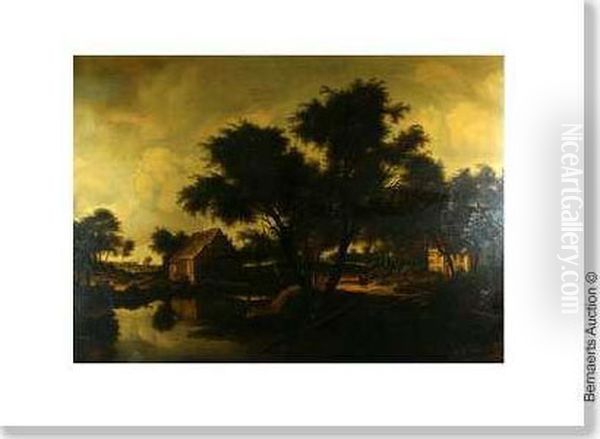 Ruisdael Wooded Landscame With A Pair Ofwalkers Near A Water Mill. Canvas - view 1