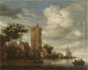 A River Landscape With A View Of
 The Bijlhouwerstoren, Utrecht, Setin A Village On The Bank by Salomon van Ruysdael