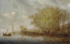 A River Landscape With Sportsmen Shooting Duck From A Boat