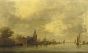 A River Landscape With Sailing Vessels Near A Village