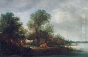 Bewaldete Flusslandschaft Mit Einer Fahre Und Kuhen
