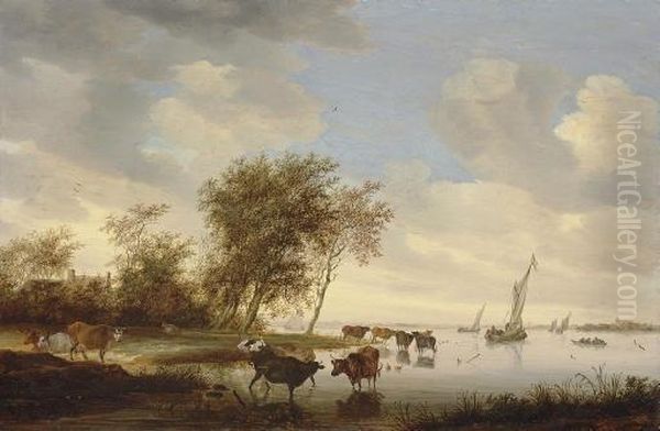 A River Landscape With Cattle Watering And Sailing Boats Beyond - view 1