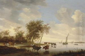 A River Landscape With Cattle Watering And Sailing Boats Beyond by Salomon van Ruysdael
