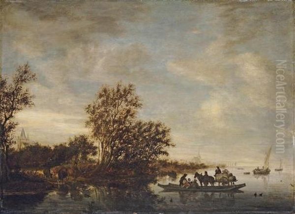 A River Landscape By Herwen And 
Aerdt In Gelderland, With A Ferry Taking A Horse And Cart Across The 
River And Cattle And A Drover By The Bank - view 1