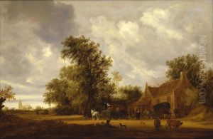 A Wooded Landscape With Cattle, Carriages On A Track And An Inn, A Church Beyond by Salomon van Ruysdael