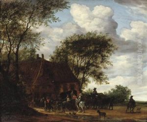 A Wooded Landscape With Travellers By An Inn