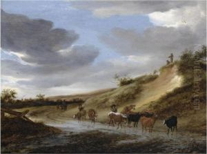A Dune Landscape With Herdsmen And Their Cattle On A Flooded Path by Salomon van Ruysdael