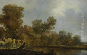A River Landscape With Fishermen In A Boat, Near Farmhouses