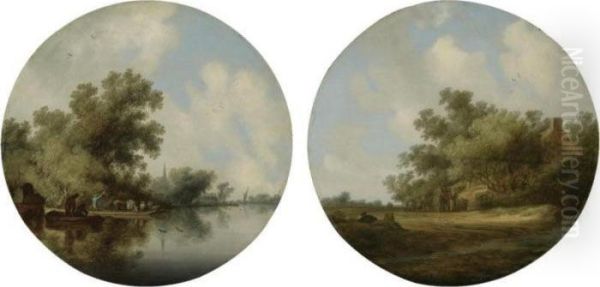 A River Landscape With A Cattle
Ferry By A Wooded Bank; A Landscape With Figures In A Wagon By A House
Overhung With Tress - view 1