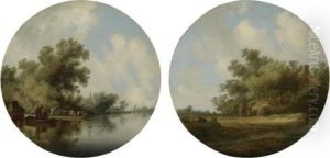 A River Landscape With A Cattle 
Ferry By A Wooded Bank; A Landscape With Figures In A Wagon By A House 
Overhung With Tress by Salomon van Ruysdael