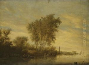 River Landscape With Fishermen Setting Out Their Nets, A Ferry Beyond