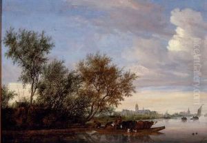 Ferry Boat With Cattle On The River Vecht Near Nijenrode