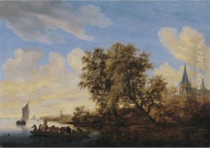 River Landscape With A Ferryboat
