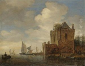 A River Estuary With A Fort And Men Unloading Onto The Shore