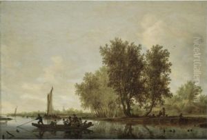 A River Landscape With Figures
In A Ferry, Barges And Rowing Boats Beyond, And Other Figures Resting On
A Bench Near Cottages by Salomon van Ruysdael