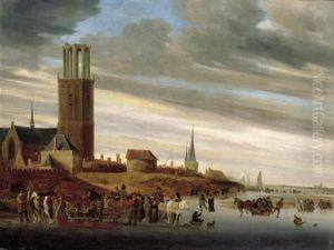 A Winter Landscape With Sledges On A Frozen River A Village Beyond by Salomon van Ruysdael