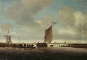 Flusslandschaft Mit Fahre Und 
Einem Mit Vieh Beladenem Boot. Auf Dem Boot Der Rest Einer Signatur. 
Verso In Rotem Lack Das Wappen Der Rheinischen Adelsfamilie Von Loe Ol 
Auf Holz. H 31; B 44 Cm. Provenienz: Ehemals Im Besitz Der Grafen Bzw. 
Freihe by Salomon van Ruysdael