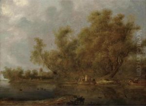 A River Landscape With Fishermen And Sportsmen In Boats, A Church Tower Beyond