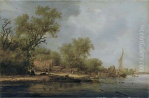 A River Landscape With Boatbuilders by Salomon van Ruysdael