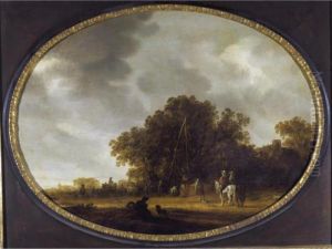 A Landscape With Horsemen And Travellers Before A Cottage, A Church Beyond by Salomon van Ruysdael