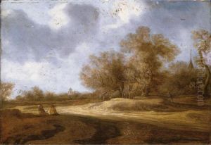 A Landscape With A Horse And Cart And Two Travellers Resting At The Edge Of A Road by Salomon van Ruysdael